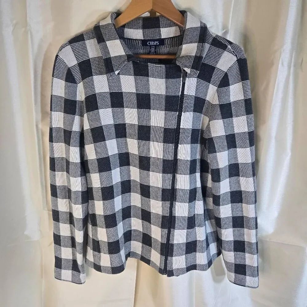 Chaps Zip Up sweater black and white checked flannel pattern  women's large